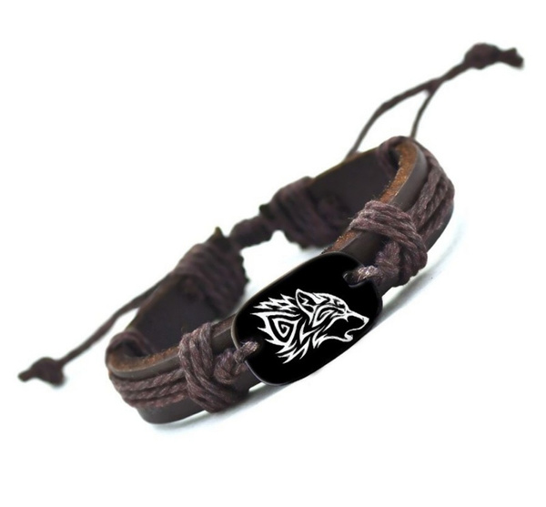 Pulsera unisex de cuero trenzado con cuerda de lobo
